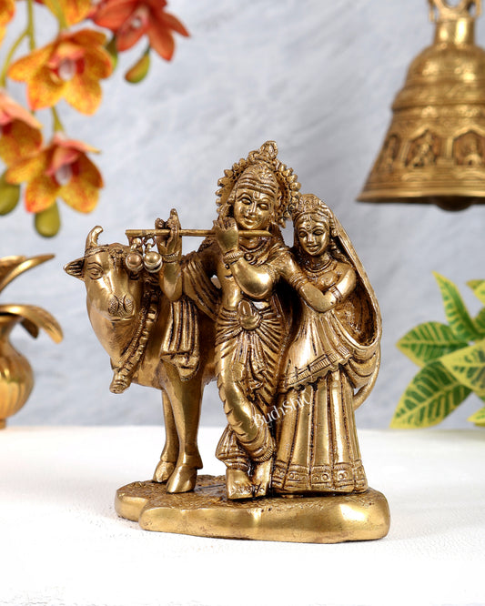 Brass Radha Krishna with Cow Idol Murti | Height 5.5 inch