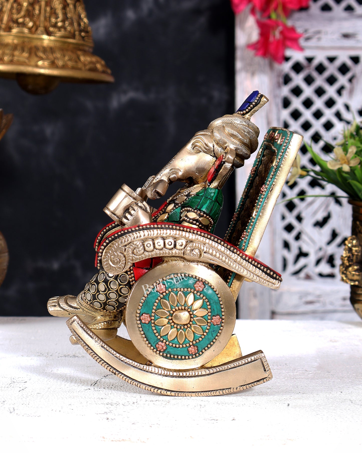 Brass Ganesha on Rocking Chair – Cute Relaxing Idol Gift 6.5 inch with Stonework