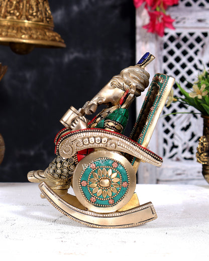 Brass Ganesha on Rocking Chair – Cute Relaxing Idol Gift 6.5 inch with Stonework