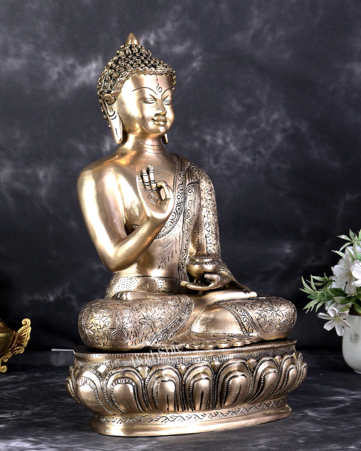 Pure Brass Blessing Buddha Statue with Intricate Carvings – Handcrafted Spiritual Sculpture (15 Inch)