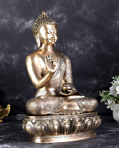 Pure Brass Blessing Buddha Statue with Intricate Carvings – Handcrafted Spiritual Sculpture (15 Inch)
