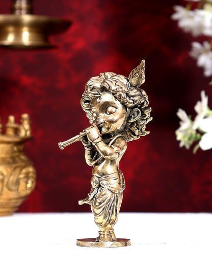 Unique Brass Superfine Baby Krishna Playing Flute — Perfect Gift 5 inch