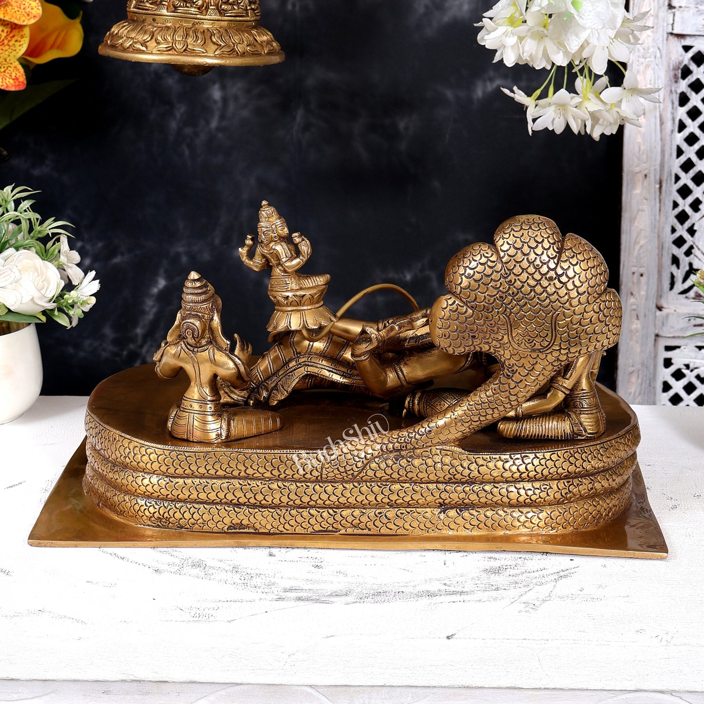 Brass Ananta Shayana Vishnu on Sheshanaag with Bhudevi, Sridevi & Brahma 15.5 inch wide