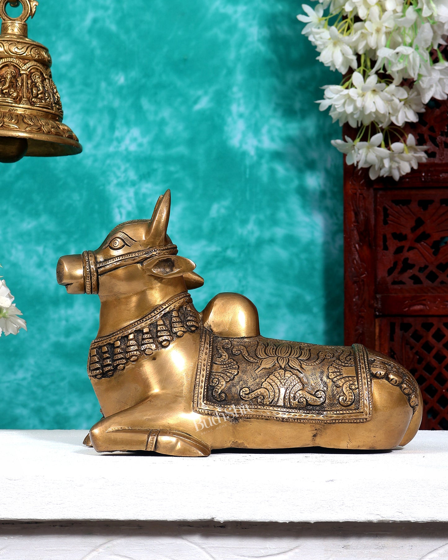 Pure Brass Nandi Bull Statue with Unique Lotus Carvings 10 inch