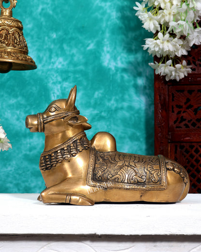 Pure Brass Nandi Bull Statue with Unique Lotus Carvings 10 inch