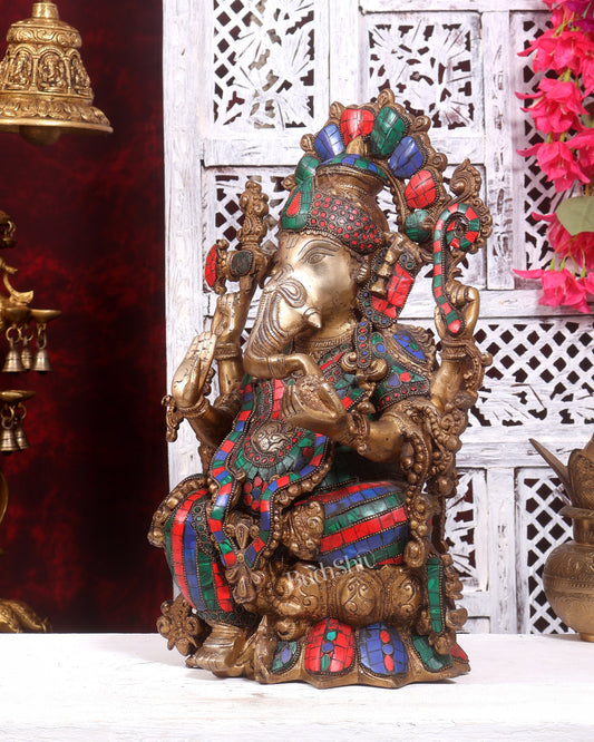Brass Ganesha Idol antique tone with stonework 16 inch