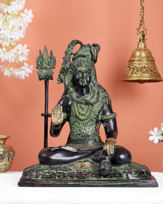 Pure Brass Lord Shiva Smiling Idol with Open Eyes 15" black green