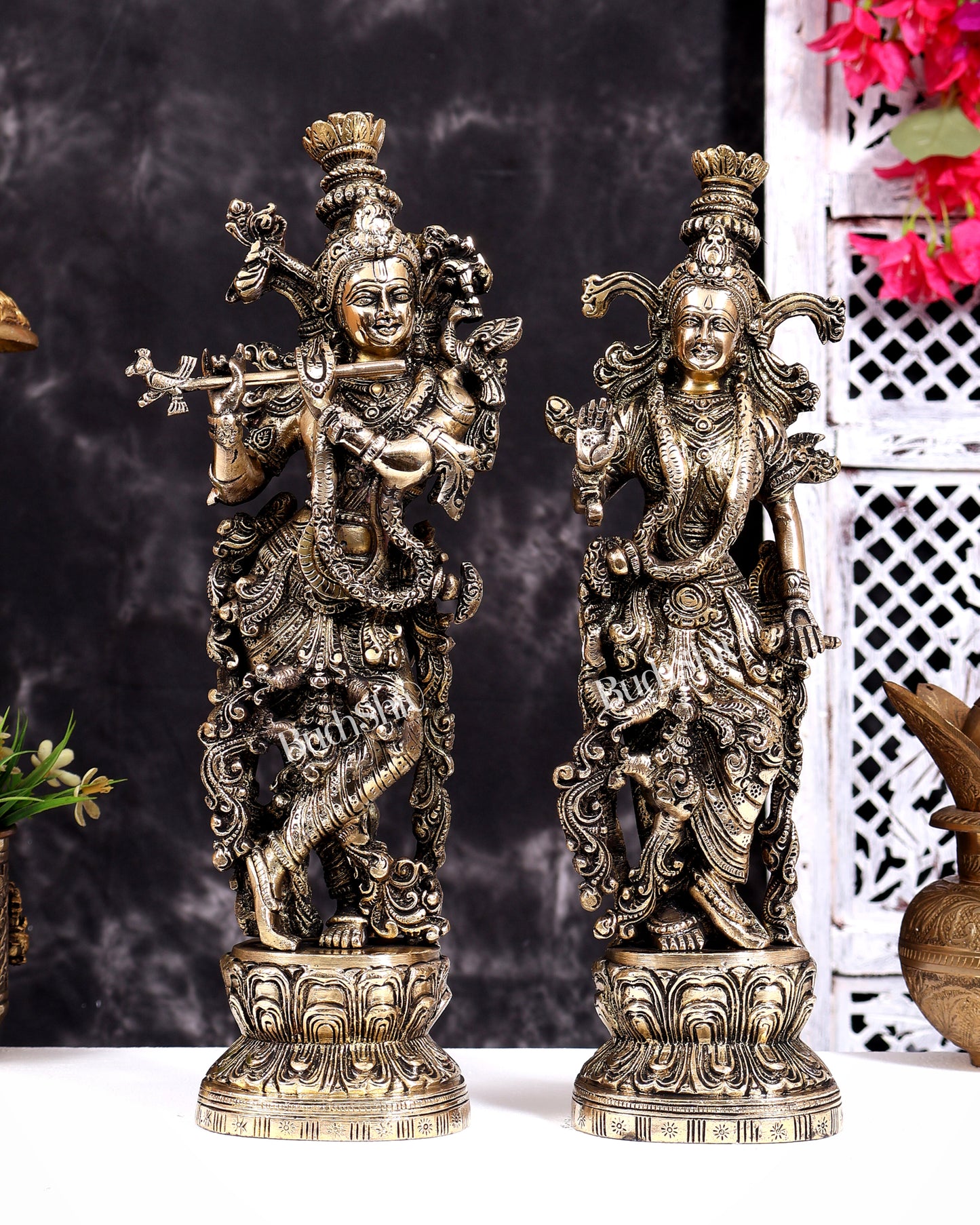 Brass Radha Krishna Statues 14 inch Charcoal tone gloss