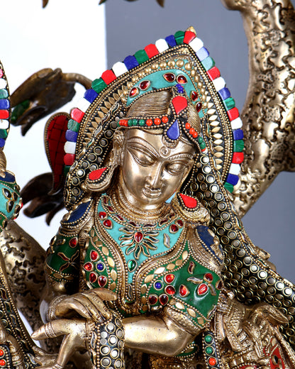 Premium Pure Brass Radha Krishna under Vrindavan Tree with Meenakari Stonework – Grand Handcrafted Temple Sculpture 30 inch tall