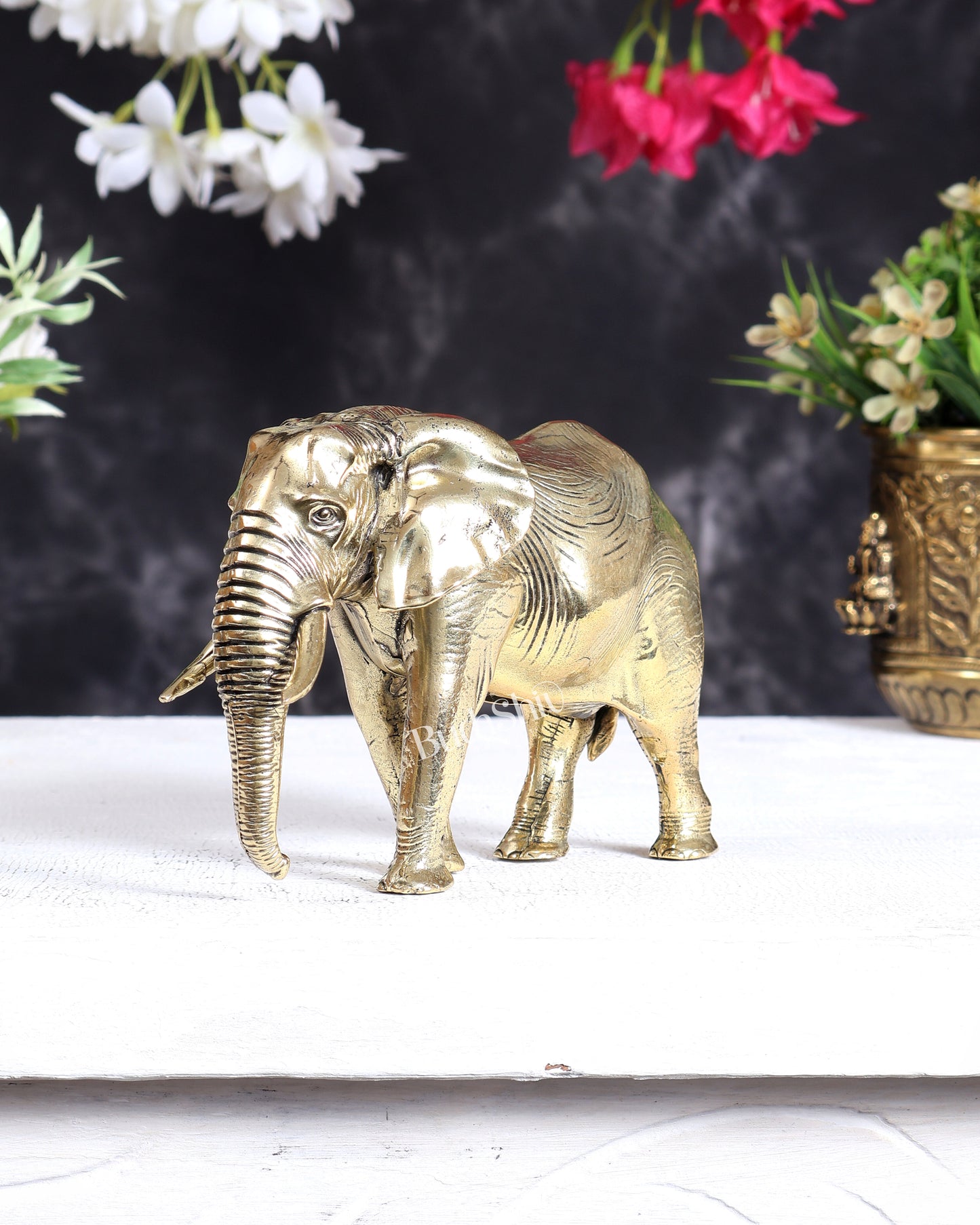 Brass Ascending African Elephant with Trunk Down – Vastu Compliant Handcrafted Showpiece 5.5 inch