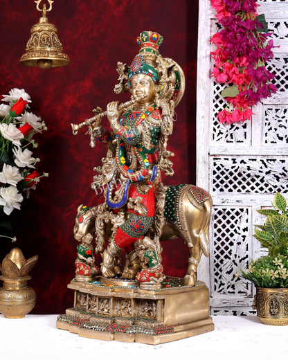 Pure Brass Lord Krishna with Cow with stonework 29 inch