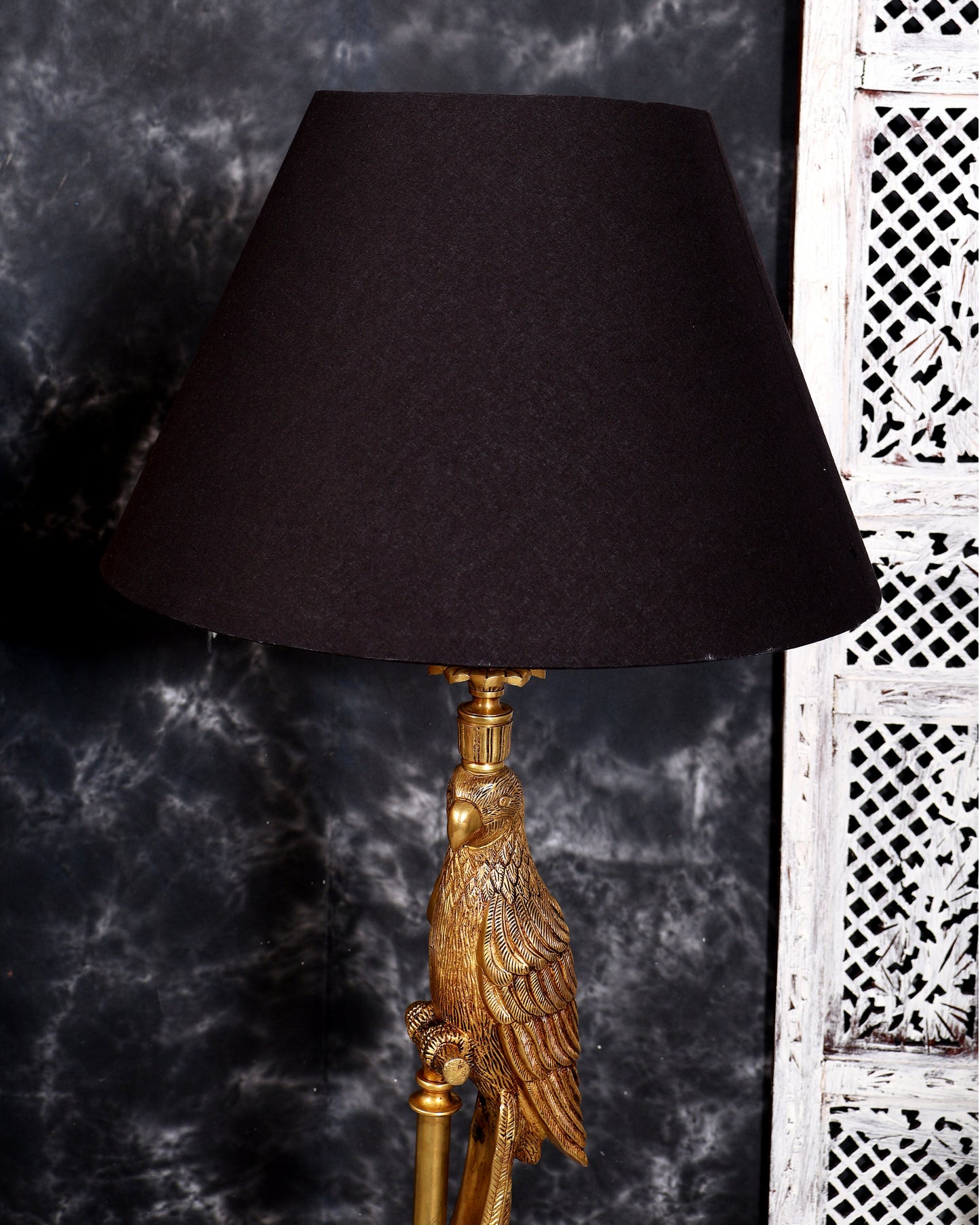 Suvarna Shuka — Designer Brass Parrot Table Lamp with Black Shade & Marble Base