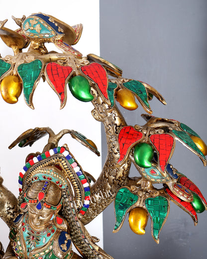 Premium Pure Brass Radha Krishna under Vrindavan Tree with Meenakari Stonework – Grand Handcrafted Temple Sculpture 30 inch tall