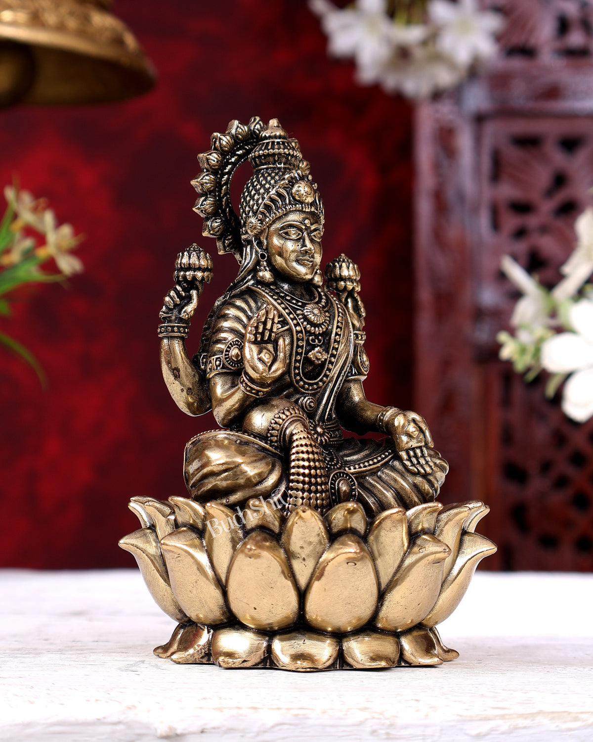 Brass Superfine Lakshmi Idol Cross-Legged on Lotus Base 5 inch
