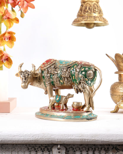 Pure Brass Superfine Kamadhenu Cow with Calf meenakari 6.5 inch