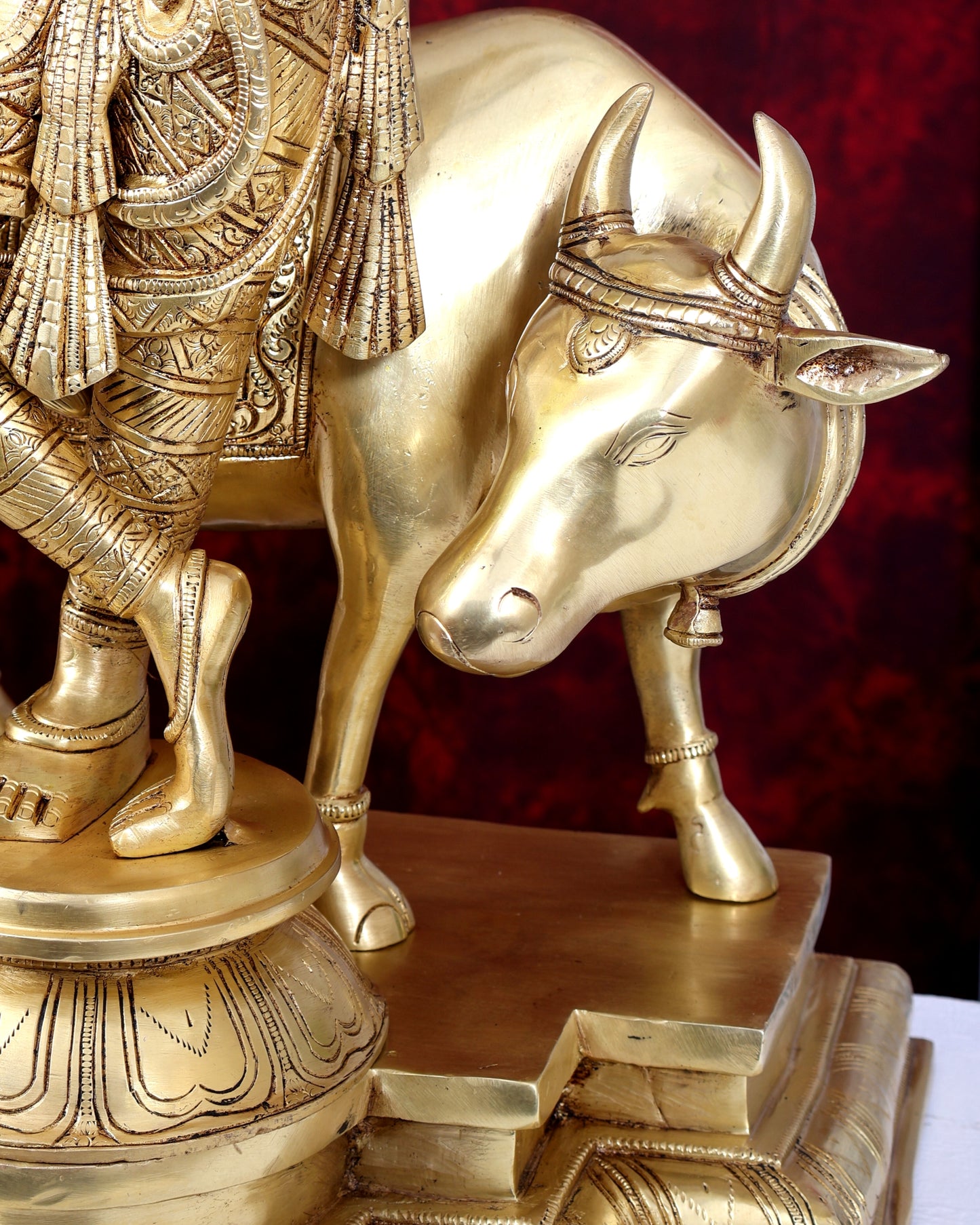 Brass Krishna with cow sleek and simple Sculpture 27 inch