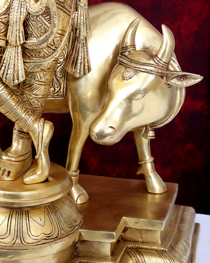 Brass Krishna with cow sleek and simple Sculpture 27 inch