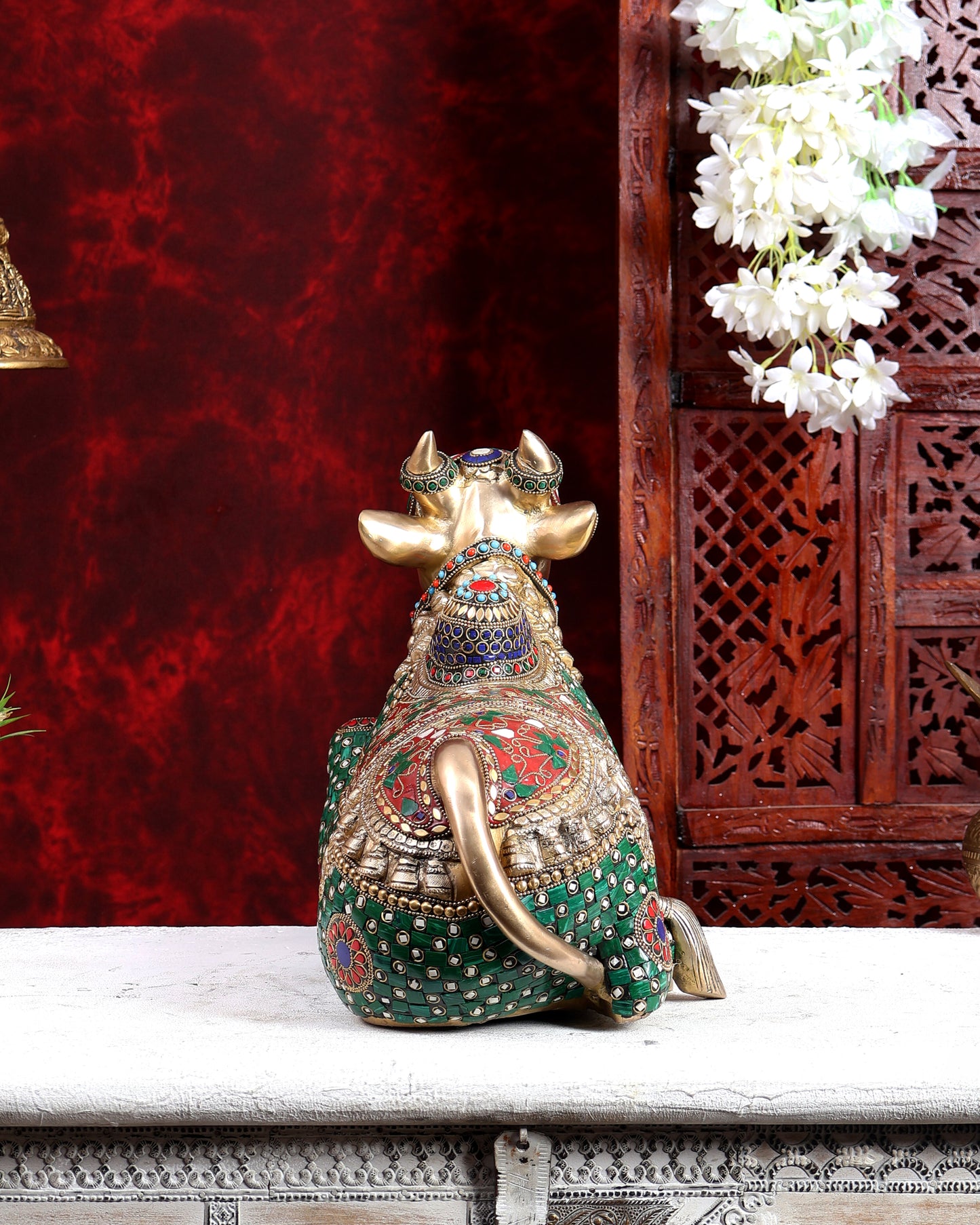 Brass Superfine Nandi Sculpture with Enhanced Carvings 18 inch with Stonework