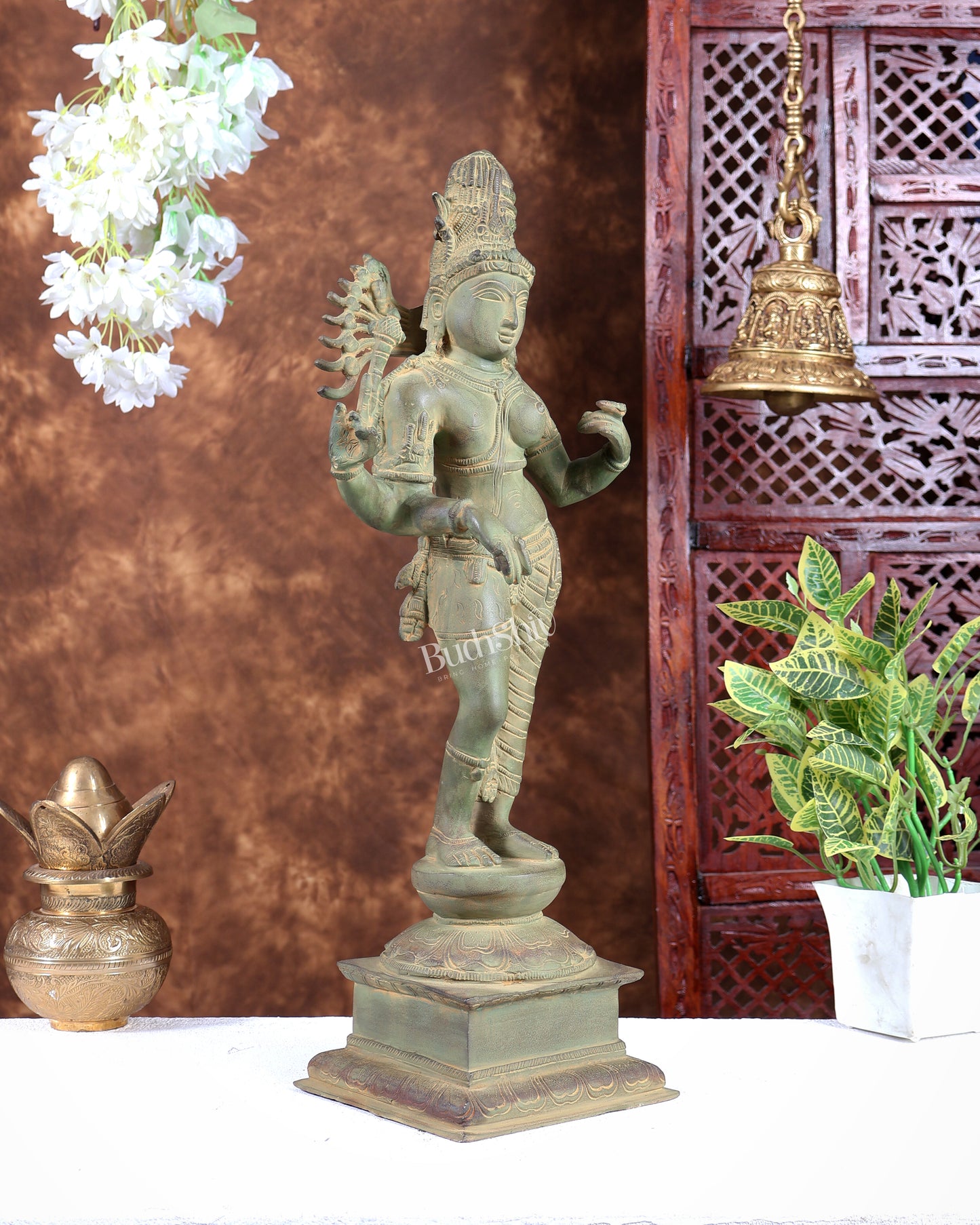 Pure Brass Ardhanarishwara statue green patina, 20.8