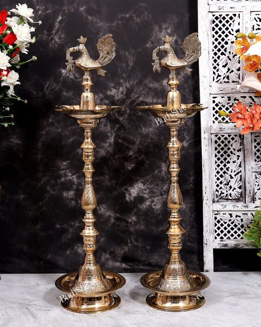 Brass Peacock Samai Inauguration Lamp heavy (Pair) 36.5 inch