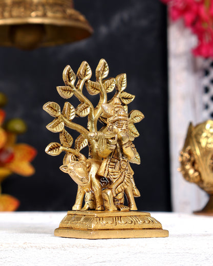 Brass Krishna with Cow and Tree Miniature 4 inch