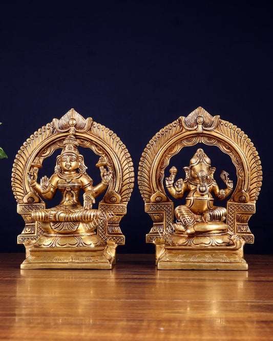 Brass Lakshmi Ganesha Idol Set with Prabhavali – Divine Arch Pair (8.5 Inches Each)
