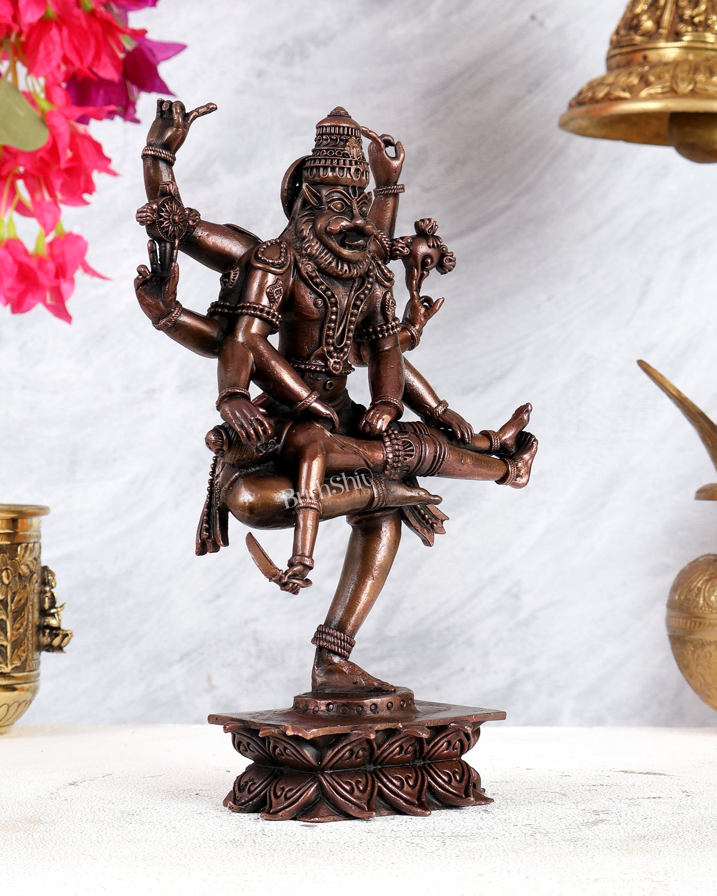Pure Copper Narasimha Slaying Hiranyakashipu Statue – Masterpiece Vishnu Avatar Sculpture (9.5 Inches)