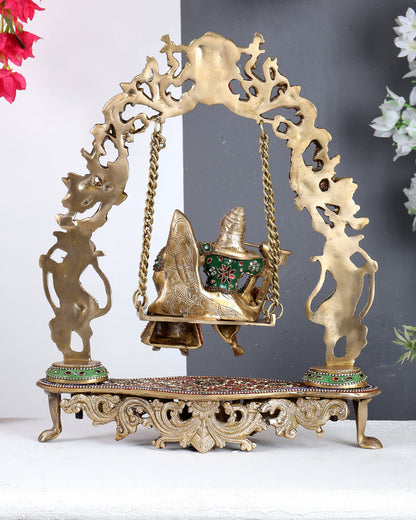 Handcrafted Brass Radha Krishna on Swing idol 18 inch with meenakari Stonework