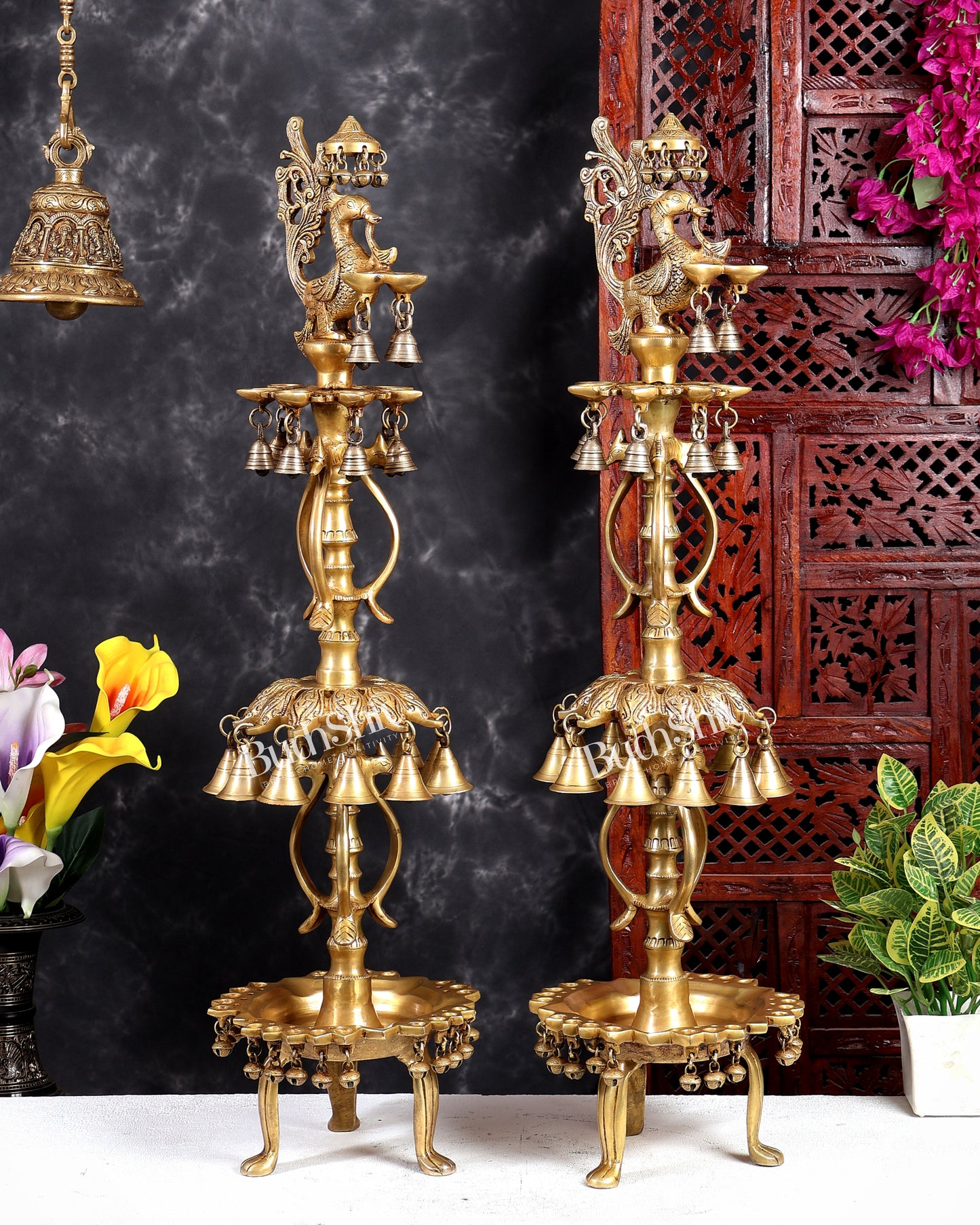 Brass Peacock Oil Lamp with Bells & Multiple Diyas Pair – Grand Traditional Temple Samai Deepam 34 inch