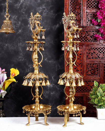 Brass Peacock Oil Lamp with Bells & Multiple Diyas Pair – Grand Traditional Temple Samai Deepam 34 inch