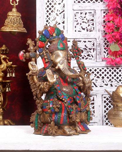 Brass Ganesha Idol antique tone with stonework 16 inch
