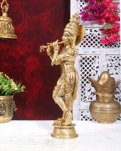 Brass Govinda Krishna Statue | Sleek Kerala Handcrafted Sculpture 13.5 inch