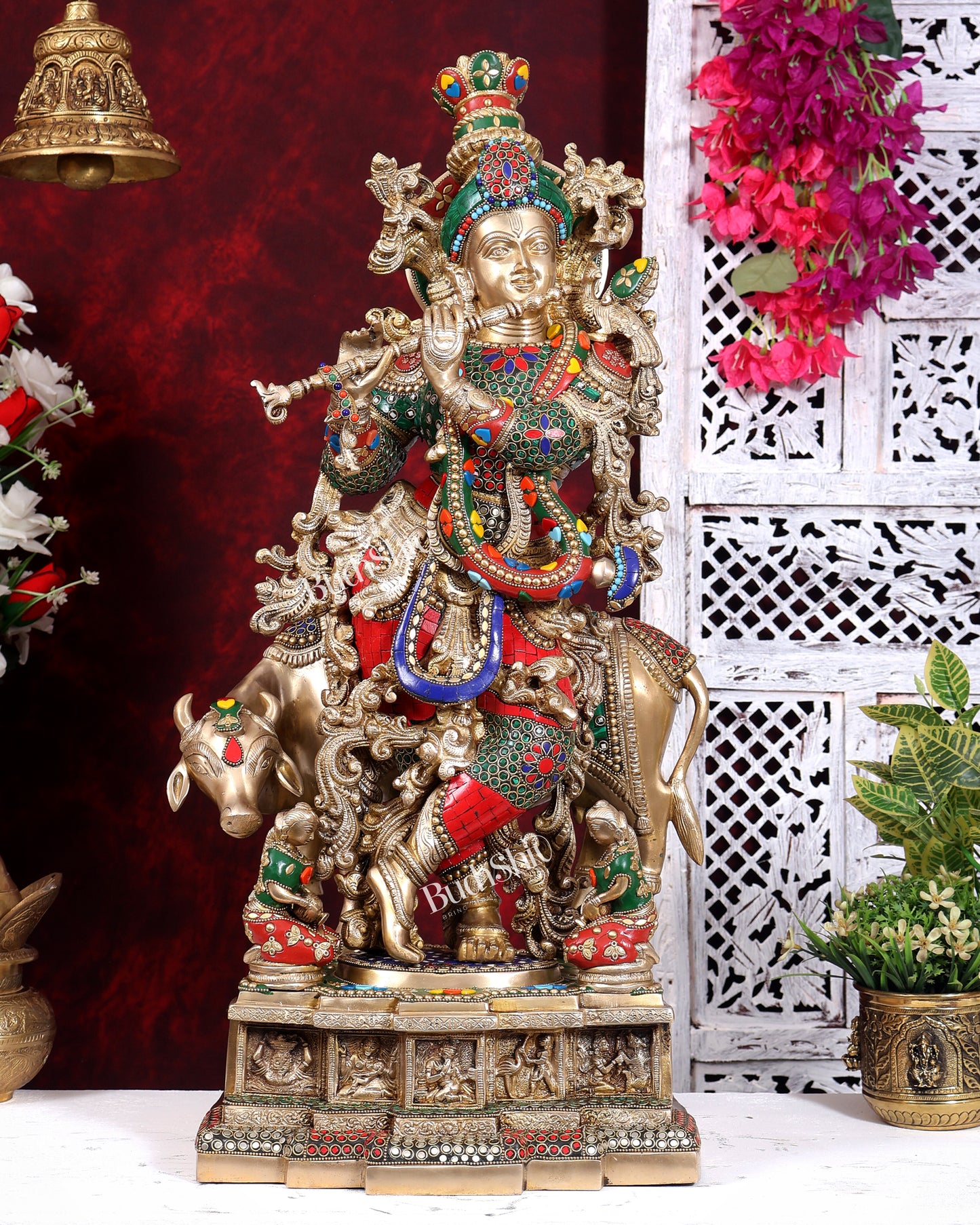 Pure Brass Lord Krishna with Cow with stonework 29 inch