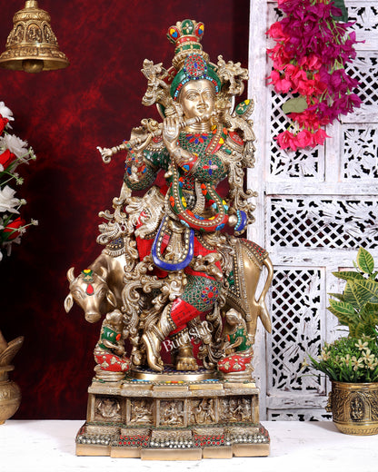 Pure Brass Lord Krishna with Cow with stonework 29 inch