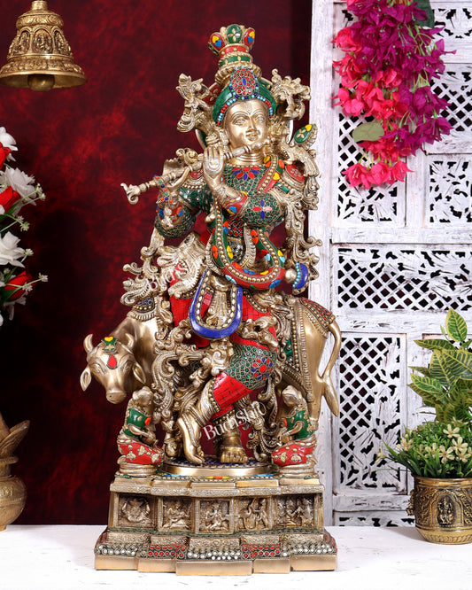 Pure Brass Lord Krishna with Cow with stonework 29 inch