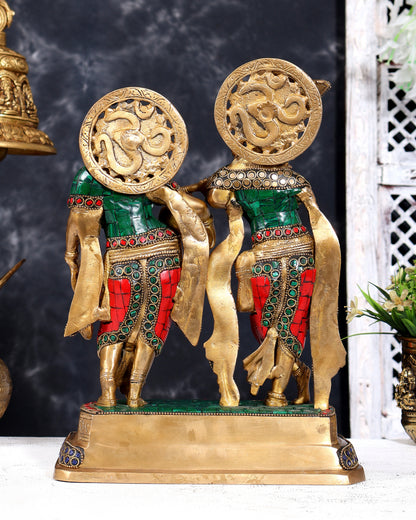 Brass Unique Radha Krishna Statue with Meenakari Stonework 12 inch