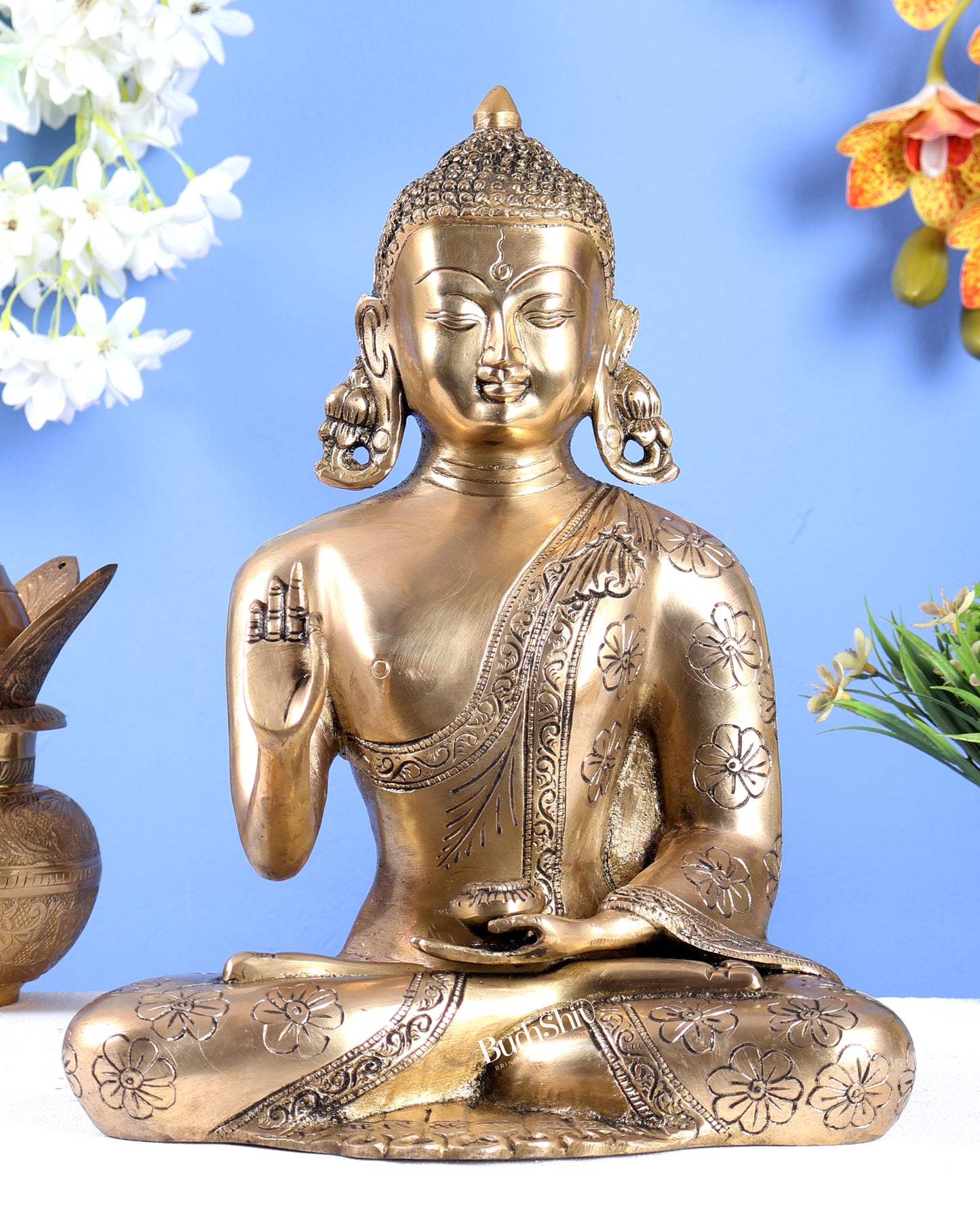 Handmade Brass Buddha Statue with Floral Hand Carvings – Divine Meditation Sculpture (12 Inches)