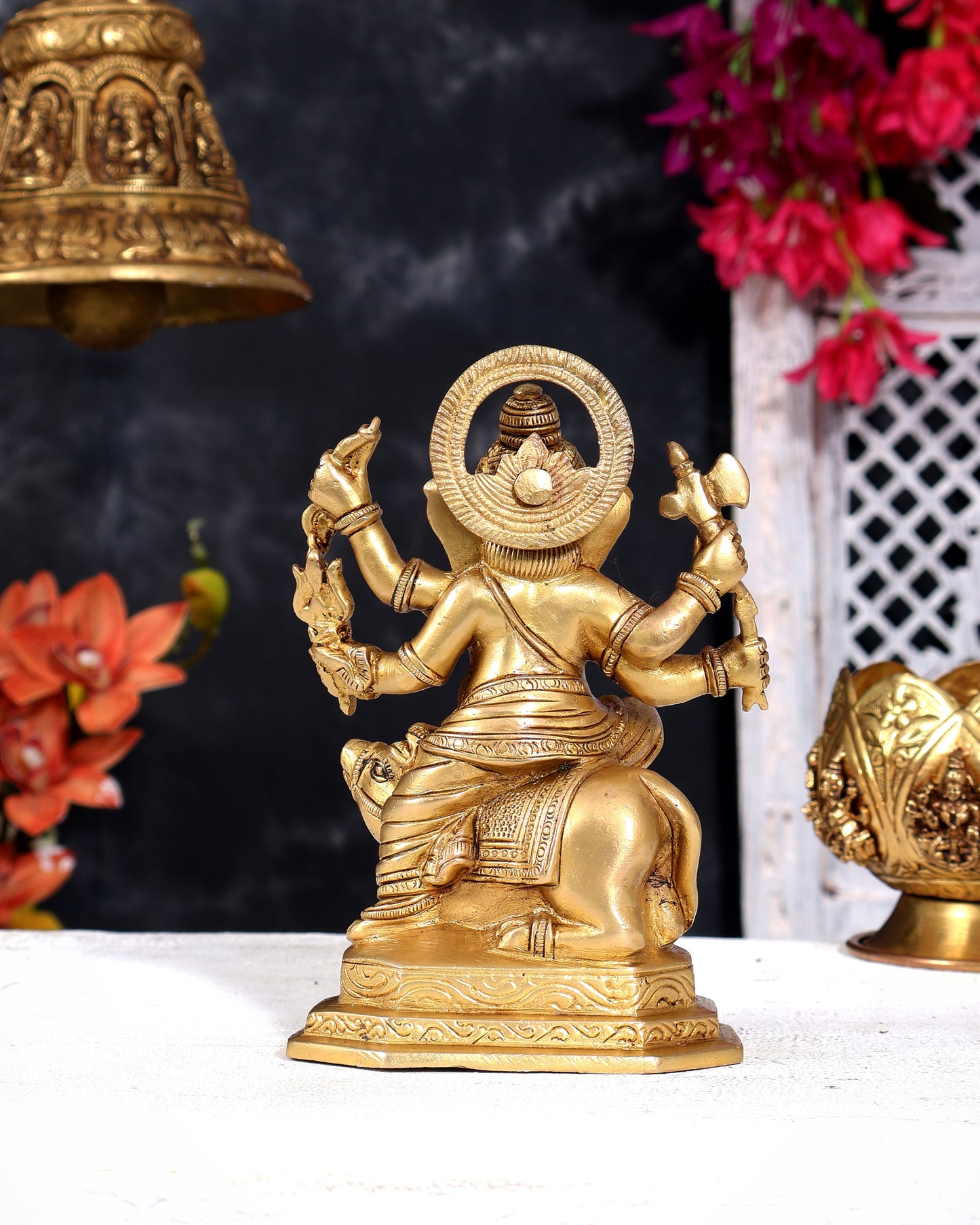 Brass Ganesha Sitting on Mooshak (Mouse) Statue — Unique Form 6 inch