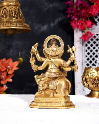 Brass Ganesha Sitting on Mooshak (Mouse) Statue — Unique Form 6 inch