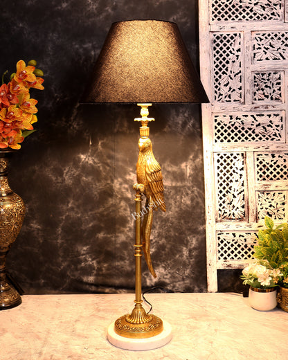 Suvarna Shuka — Designer Brass Parrot Table Lamp with Black Shade & Marble Base