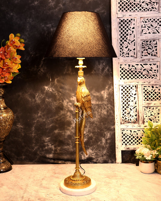 Suvarna Shuka — Designer Brass Parrot Table Lamp with Black Shade & Marble Base