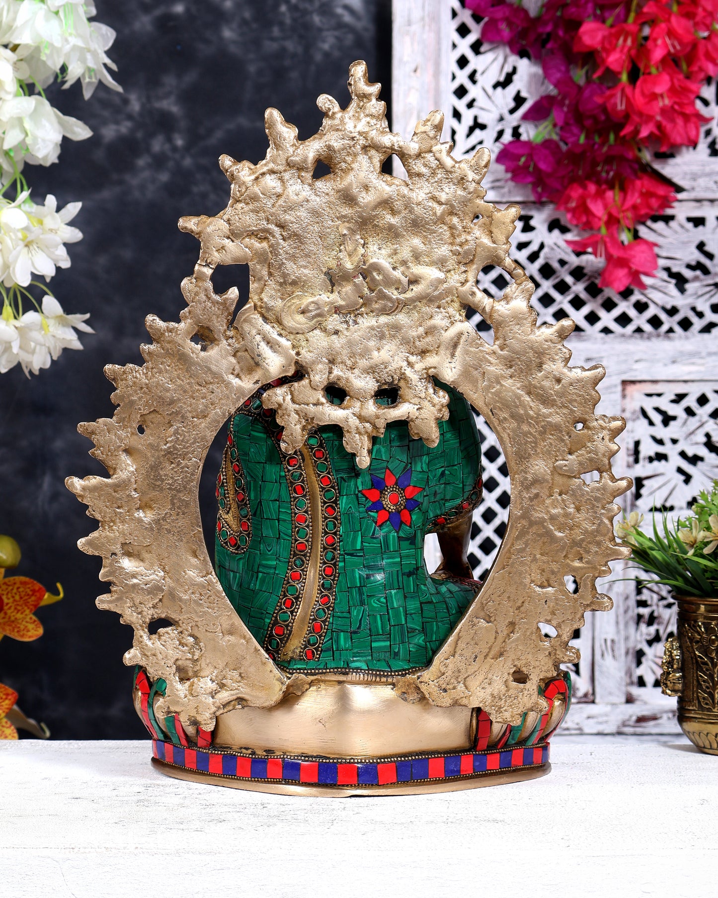 Brass Tibetan Buddha with Stonework on Throne with Aura 14.5 inch