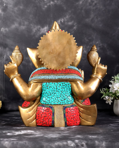 Brass Superfine Ganesha Statue with Stonework – 13.5 Inch