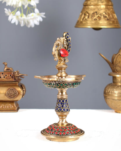 Pure Brass Handcrafted Superfine Peacock Samai Panchdeepam with Meenakari Stonework 8"