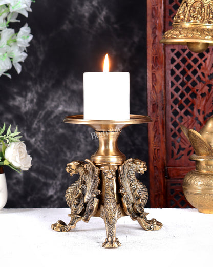 Brass Yali Candle Stand – Unique Mythical Creature Design Decorative Holder 7 inch