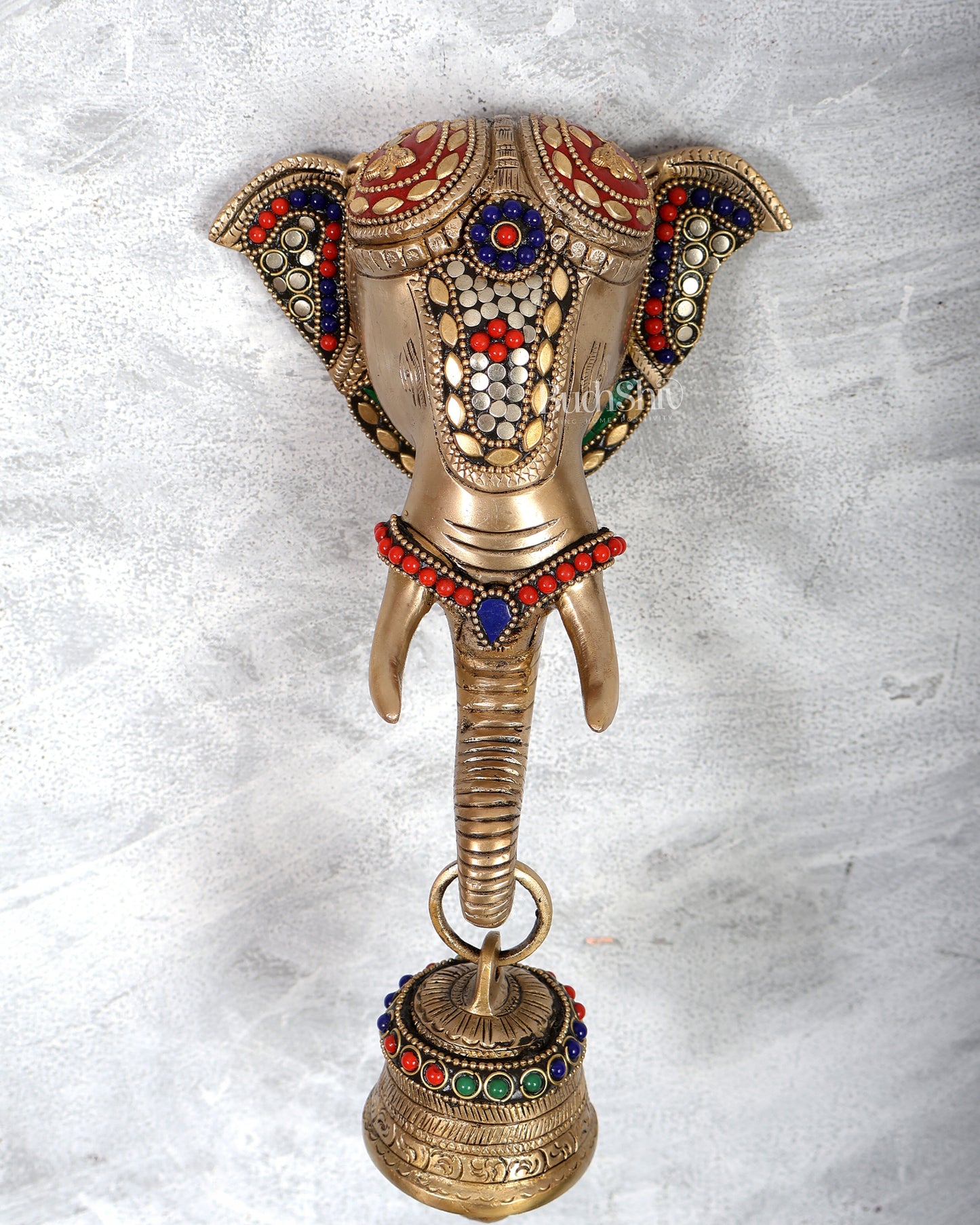 Brass elephant face with bell wall hanging multicolour