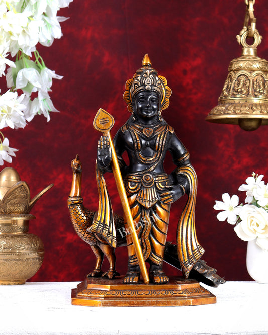 Brass Murugan Swamy with Peacock Idol – Black & Gold Finish Highly Detailed Lord Kartikeya Statue (13 Inch)