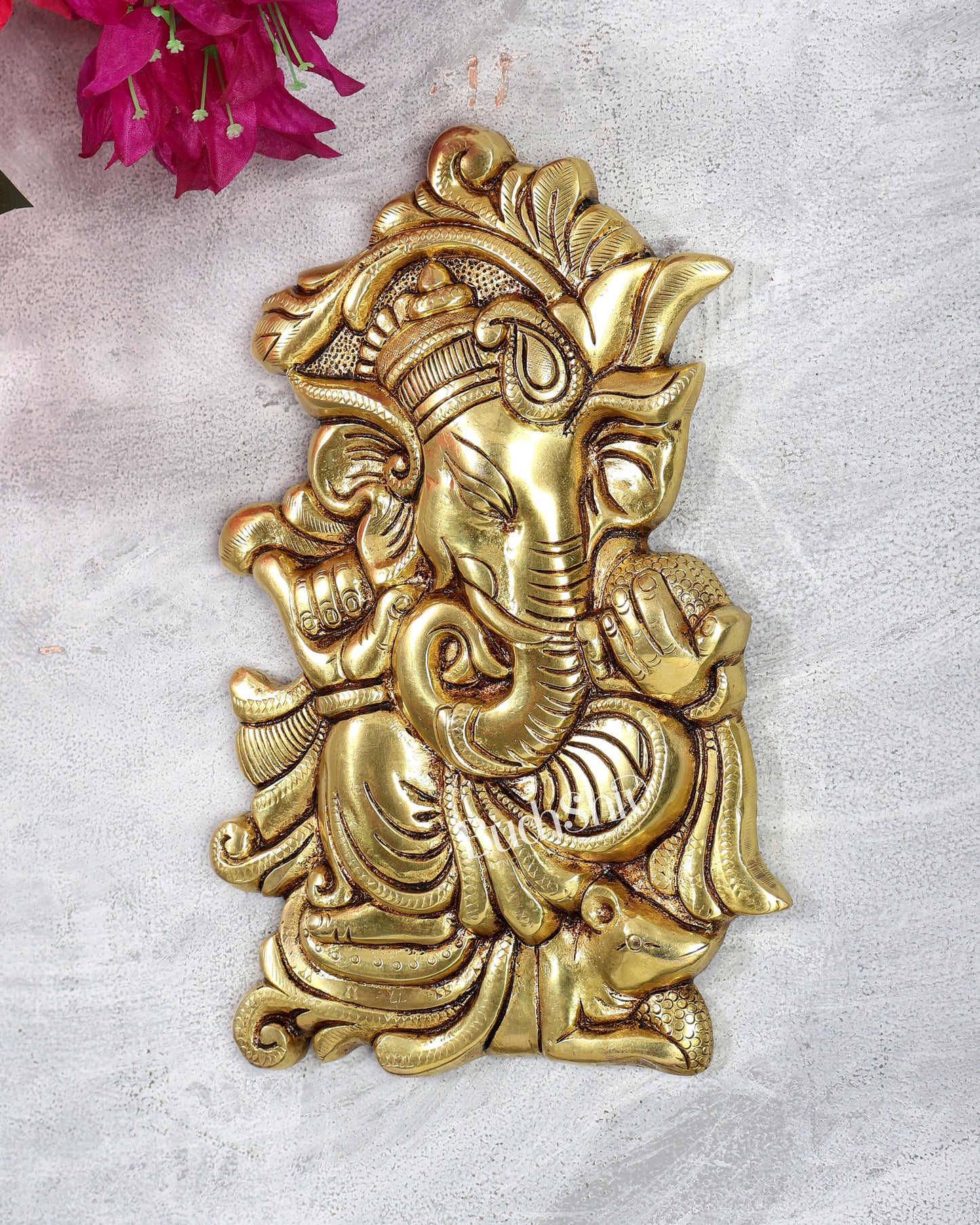 Brass Ganesha Sitting on Mouse Wall Hanging – Auspicious Handcrafted Lord Ganapati Wall Décor 10 inch