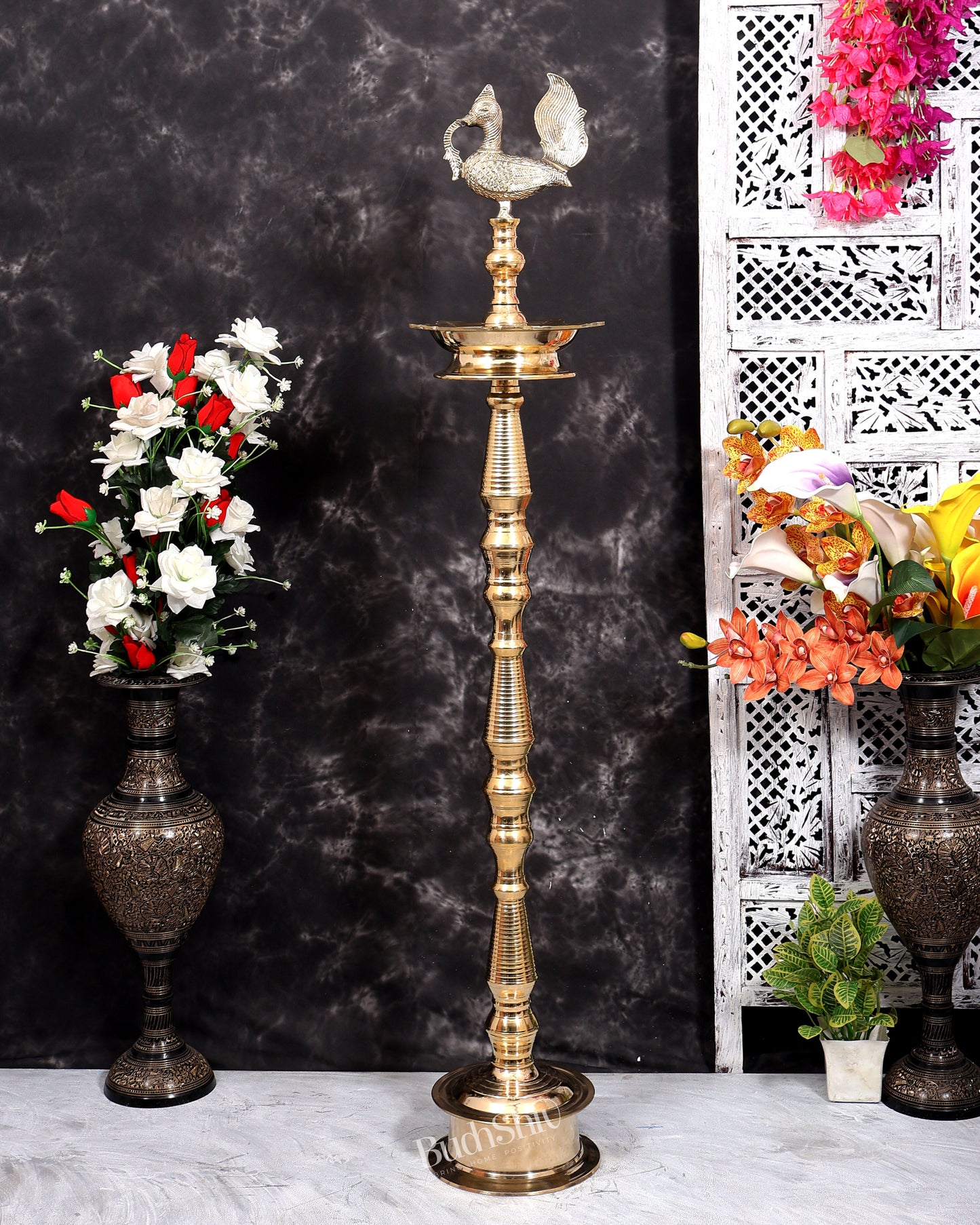 Brass Large Peacock Samai Inauguration Lamp (Pair) 54 inch