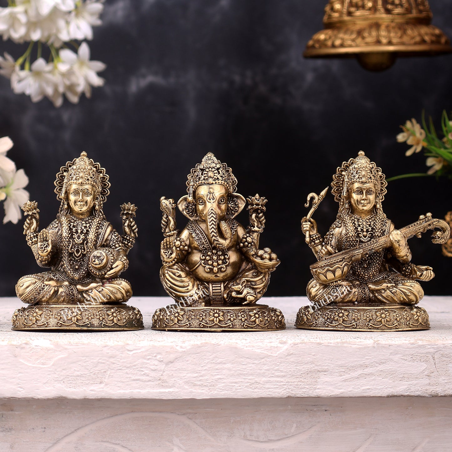 Brass Superfine Ganesh Lakshmi Saraswati Idols on Round Base — Highly Detailed 4 inch